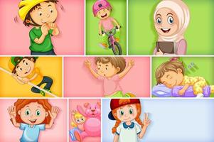 Set of different kid characters on different color background vector