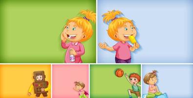 Conjunto de diferentes personajes infantiles sobre fondo de color diferente vector