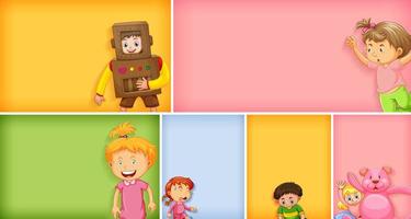 Conjunto de diferentes personajes infantiles sobre fondo de color diferente vector