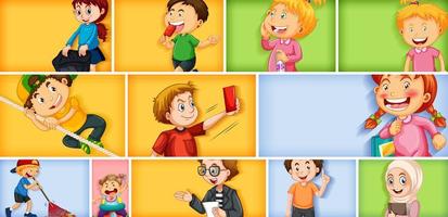 Conjunto de diferentes personajes infantiles sobre fondo de color diferente vector