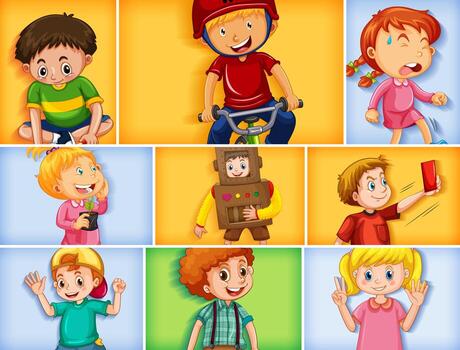 Set of different kid characters on different color background vector