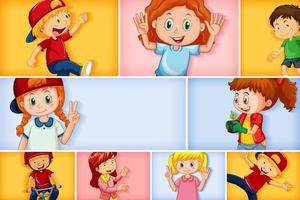 Set of different kid characters on different color background vector