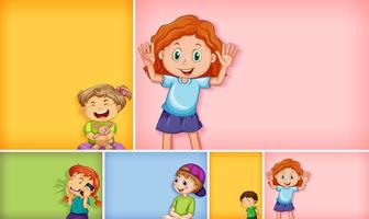 Conjunto de diferentes personajes infantiles sobre fondo de color diferente vector