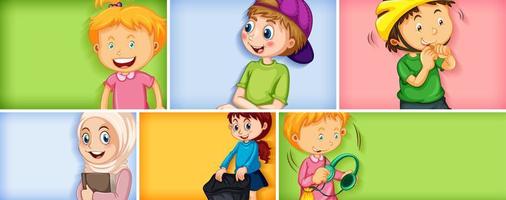 Conjunto de diferentes personajes infantiles sobre fondo de color diferente vector