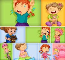 Set of different kid characters on different color background vector