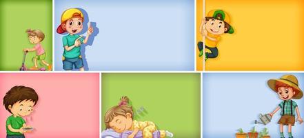 Conjunto de diferentes personajes infantiles sobre fondo de color diferente vector