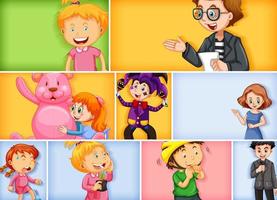 Conjunto de diferentes personajes infantiles sobre fondo de color diferente vector