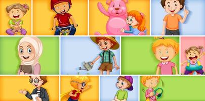 Set of different kid characters on different color background vector