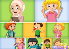 Set of different kid characters on different color background vector