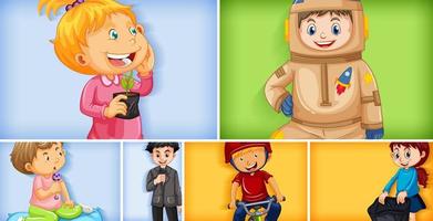 Set of different kid characters on different color background vector