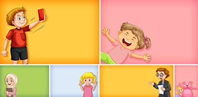 Conjunto de diferentes personajes infantiles sobre fondo de color diferente vector