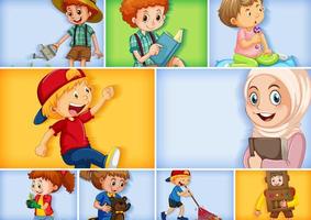 Conjunto de diferentes personajes infantiles sobre fondo de color diferente vector