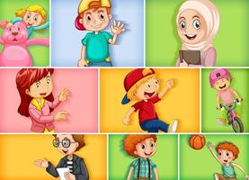 Conjunto de diferentes personajes infantiles sobre fondo de color diferente vector