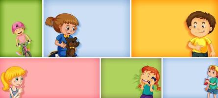 Set of different kid characters on different color background vector