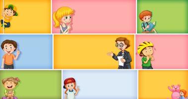 Conjunto de diferentes personajes infantiles sobre fondo de color diferente vector