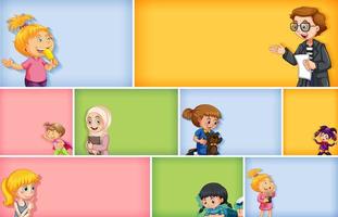 Set of different kid characters on different color background vector