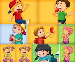 Conjunto de diferentes personajes infantiles sobre fondo de color diferente vector