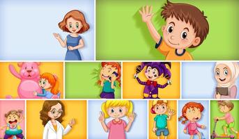 Conjunto de diferentes personajes infantiles sobre fondo de color diferente vector