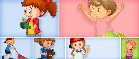 Conjunto de diferentes personajes infantiles sobre fondo de color diferente vector