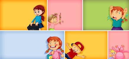 Conjunto de diferentes personajes infantiles sobre fondo de color diferente vector