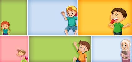 Set of different kid characters on different color background vector