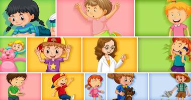 Conjunto de diferentes personajes infantiles sobre fondo de color diferente vector