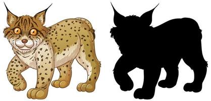 Conjunto de personajes de lince y su silueta sobre fondo blanco. vector