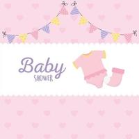 tarjeta de baby shower rosa con iconos de bebé vector