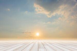 Wooden floor with sky background photo