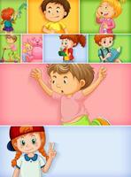 Set of different kid characters on different color background vector