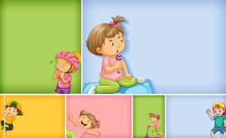 Set of different kid characters on different color background vector