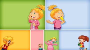 Conjunto de diferentes personajes infantiles sobre fondo de color diferente vector