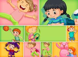 Set of different kid characters on different color background vector