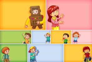 Conjunto de diferentes personajes infantiles sobre fondo de color diferente vector