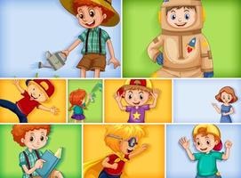 Conjunto de diferentes personajes infantiles sobre fondo de color diferente vector