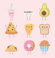 Conjunto de caracteres de dibujos animados de comida kawaii vector