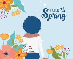 hola banner de celebración de primavera con banner y flores vector