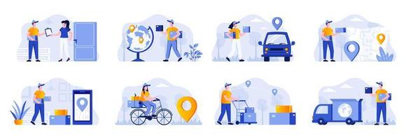 Delivery scenes bundle with people characters vector