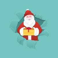 santa claus con regalo en agujero de papel rasgado vector