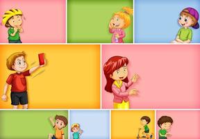 Set of different kid characters on different colors vector