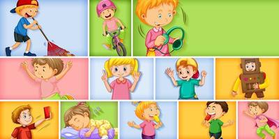 Set of different kid characters on different colors vector