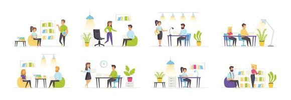 espacio de coworking con personas en varias escenas. vector