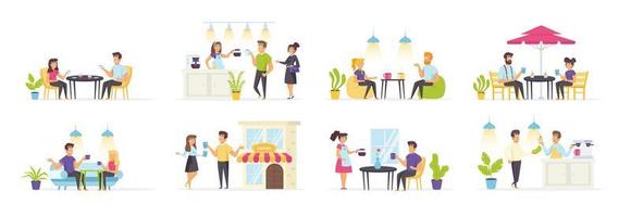 Coffee house set with people in various scenes vector