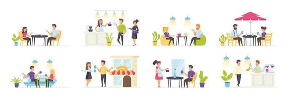 Coffee house set with people in various scenes vector