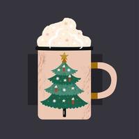taza de bebida caliente con estampado de árbol de navidad vector