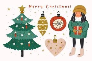 Christmas set with girl, presents Christmas tree decorations vector