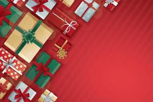Christmas gift boxes on red stripe pattern vector