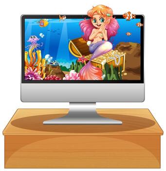 Isolated computer with underwater mermaid scene on screen vector
