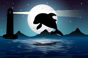 delfines en la naturaleza escena nocturna silueta vector