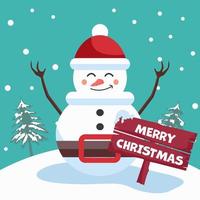 Merry Christmas poster with snowman in winter scene vector